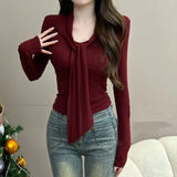 2026 Korean Version Of Simple To Wear Pure Temperament Tight Short V Tie With Long-Sleeved T-Shirt Slimming Top