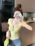 Yellow V-Neck Short-Sleeved Shoulder T-Shirt Girl Summer Waist Tight Small Pure Lust Style Repair Short-Sized Top