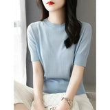 Short-Sleeved Knitted T-Shirt Women 2026 Summer New Solid Half-High Collar Chic High-Grade Ice Silk Black Top Thin