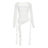 2025 New Lotus Edge Splicing Ribbon Mesh Yarn Long-Sleeved T-Shirt Folding Irregular Top