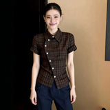 Vintage Curry Plaid Short-Sleeved Shirt Women 2026 Summer Super Fire Age Repairolo Collar T-Shirt Top