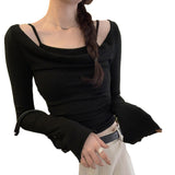 Real Shooting Picture Fake Two Slings A Word Shoulder Folded Shoulder Long-Sleeved T-Shirt Early Autumn New Korean Short Top