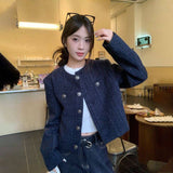 Hidden Blue Short Fragrant Coat Women 2025 Autumn And Winter Single Row Retro New High-End Loose Long-Sleeved Top