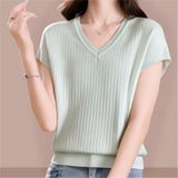 2026 Summer Loose New V-Neck Stripe Simple Short-Sleeved Knitted Shirt Women Large Size Thin Leisure