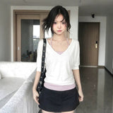 Korean Niche Middle-Sleeved T-Shirt Women Wear Hanging Neck Striped Vest In Summer Slim Top Two Sets