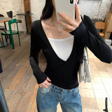 Lyselle Tiansi Black Fake Two-Piece Bottomed Woman Can Wear A Niche Long-Sleeved T-Shirt Top