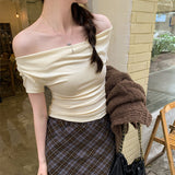 Real-Action Design Design Collar Slim Thin Elastic Short-Sleeved T-Shirt Women's Summer 2025 New Hot Girl Short Top