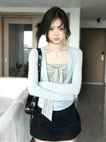 Korean Hottie Style Striped Bra Long Sleeve T-Shirt T-Shirt Girl Spring Huge Slim Slim Thin Two-Set Top