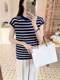 25 Spring And Summer Round Collar Color Classic Striped Short-Sleeved Women's T-Shirt Loose Thin Bottom Knitted Shirt Shirt Top