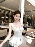 Double Zipper White Square Collar Knitted Sling Vest For The Summer To Close The Waist Without Sleeves To Wear A Short Blouse