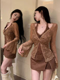 French Pure Lace V-Neck Cardigan Brown Sling Woman 2026 Spring New Thin Temperament High-End Feel Top