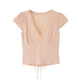 French Romantic Style V-Neck Short-Sleeved T-Shirt For Women's Spring New Lace Tie With Slim Top