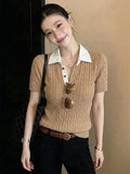 French Polo Collar Cassette Knitted Short-Sleeved T-Shirt Women 2026 Spring Leisure Temperament Shoulder Small Top