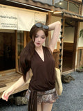 Vintage Babes Brown Hanging Neck V-Neck Vest Woman Summer Design Sense Bottom Slimming Strap Coat Wear