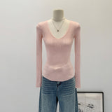 2026 Early Spring Pit Strip V Collar With The Bottom Of The Knitted Shirt Women's Autumn Minimalist High-End Feeling Long-Sleeved Top