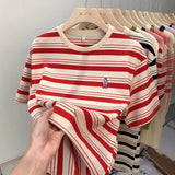 Fashion Classic Striped T-Shirt Women's Short-Sleeved Summer New Embroidered Bear Loose Half-Sleeved Casual Cotton Collar Top