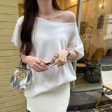 2026 Early Spring Korean Loose Lazy And Relaxed Bat Short-Sleeved Knitted Shirt Girl Into The Autumn Shoulder Inclined Shoulder