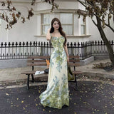 Monet Garden Wind Green Sling Dress Female Summer Temperament Lotus Leaf Side Holiday Dress Seaside Beach Dress