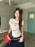 Designing A Hottie Kitten Prints Slanted Shoulder Short-Sleeved T-Shirt For Women 2026 Summer Body-On-Sleeve Short-Term Top