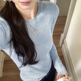 Thin Slim Jacket Head Solid Color Knitted Shirt Women Spring 2025 New Thin Shoulder Long Sleeve Bottom Top