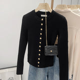 Oceanous Black Metal Buckle Round-Neck Long-Sleeved T-Shirt Women's Spring 2025 New Round-Neck Knitted Shirt Top