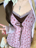 Small Fresh Sweet Broken Lace Fake Two Slings Summer New Age-Reed Girl Wind Korean Thin Tops Off Female