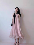 Pink Hanging Neck Bow Sleeveless Dress Femininity Design Small Gentle Holiday Dress Summer