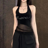 Pure-Want-Style Sexy Black Mesh Hanging Neck Vest Women Summer New Wear Sweet Cool Hottie Sleeveless Top