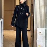 Purple High-Collar Knitted Casual Sports Suit Women's Autumn And Winter New Thick Loose Sweater Broad Leg Pants Two Sets Of Tide