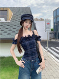 French Retro Wooden Ear In The Word Shoulder T-Shirt Girls Summer Irregularly Repair Waist Short Shoulder Tat
