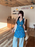 Dopamine Blue V-Necked Sleeveless Vest Dress Women's Summer Waists Show Skinny A-Word Hottie Holiday Dress