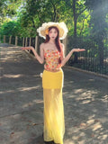 Seaside Holiday Hottie Suit Women Summer Flowers Tsets Wearing Yellow Mesh Half-Body Skirt Two-Piece