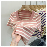 Striped Knitted Short Sleeve Fresh Sweet Simple Design Small Top Lady 2025 Summer New Fashion