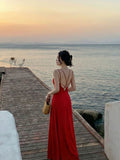 Red Bare Back Slings Breast Cushion Dress Female Sanya Temperament Wears Sexy Seaside Resort Beach Skirt High Sense