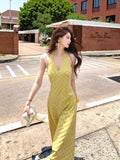 French Temperament V-Neck Yellow Lattice Waist-Skin-Skin-Hanging Neck Dress Thai Seaside Tourism Holiday Dress Woman
