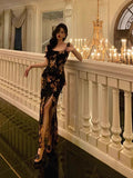 Temperament Famous Sister Style Sling Dress Retro Print Design Sense Niche Open Fork Body Ass Long Skirt