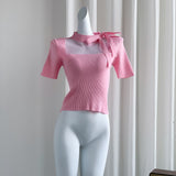 Real Shooting 2026 Summer New Mesh Splicing Milk Yellow Ice Fresh Silk Knitted Shirt Short-Sleeved Top Female Senior Sense