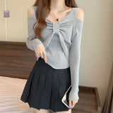 2025 New Temperament Goddess Fan French Small Body Slim Design Feel Shoulder Bows Thin Knitting Tops