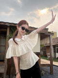 White Light And Breathable French Short-Sleeved Shirt Women's Summer Niche Design Lotus Leaf Side Shirt Temperament Top