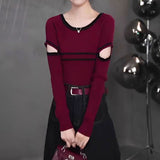 Clamming Striped Gray Hollow Long-Sleeved Sweater Women's Spring And Autumn Design Elastic Inside The Repair Knitted Shirt Top