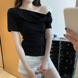 2026 Early Spring Temperament Korean Hot Girls Twisting And Slanted Shoulders Short-Sleeved T-Shirt Women Commuting Summer Pure Desire