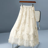 2025 Spring And Summer New High-Rise Thin Double Mesh Yarn Three-Dimensional Flower Half-Body Skirt Long Fairy Dress