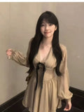 French High-End Feeling Bow V-Neck Lantern Long-Sleeved Dress Women's Summer Retro Waist Showing Thin Short Skirt