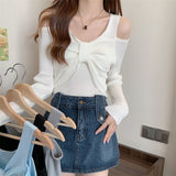 2025 New Temperament Goddess Fan French Small Body Slim Design Feel Shoulder Bows Thin Knitting Tops