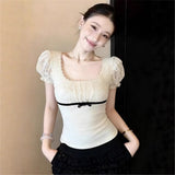 Korean Sweet Bubble Sleeve T-Shirt Girl New Collar Lace Splicing Bow Repair Slim Thin Short Sleeve Top Tide