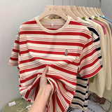 Fashion Classic Striped T-Shirt Women's Short-Sleeved Summer New Embroidered Bear Loose Half-Sleeved Casual Cotton Collar Top