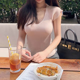 Purple V-Neck Knitted Short-Sleeved T-Shirt For Girls Spring Niche Short French Beauty Sweet Hot Girl Small Top