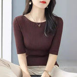 High-Grade Black Shoulder Round-Neck Short-Sleeved Knitted Shirt Women's New 2026 Summer Shoulder Ice Refresher Bottom Top