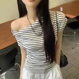 2025 Korean Version Of The Simple Unique Summer Short-Sleeved T-Shirt Women's Design Sense Of Niche Oblique Shoulder Thin Striped French Top