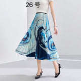 2025 New High-Rise Half-Dress Woman Tight Waist Ink Print Design Sense A-Character Skirt In The Long Folded Skirt